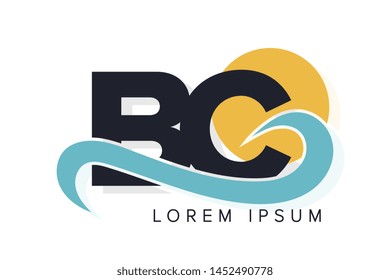 BC letter logo with ocean waves and sunset. Beach concept design