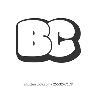 BC logo, bubble comic lettering, rounded in graffiti style black and white silhouette. Trendy preschool B and C letter text for festival party, personal initials, children funky print and web.