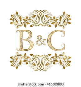 B&C vintage initials logo symbol. Letters B, C, ampersand surrounded floral ornament. Wedding or business partners initials monogram in royal style.