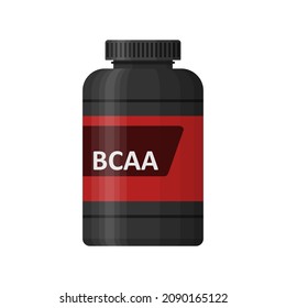 BCAA bottle isolated on white background. Sports nutrition icon container package, fitness supplements. Bodybuilding sport food. Jar with supplements for muscle growth. Gym vector illustartion