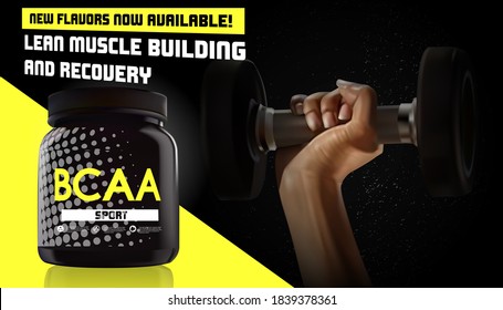 BCAA Container With Hand Hold Dumbbell.branched Chain Amino Acids. Sport Nutrition BCAA.3D Realistic Mockup.3D Vector.