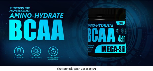 BCAA Container With Hi-tech Background. New Formula, Set Of Branched Chain Amino Acids. Sport Nutrition BCAA. 3D Realistic Mockup. Vector Illustration Product Packaging