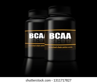 BCAA Container. Set Of Branched Chain Amino Acids. Sports Nutrition With BCAA. 3D Vector. 