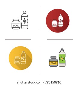 BCAA supplement icon. Flat design, linear and color styles. Whey protein. Sports nutrition. Isolated vector illustrations