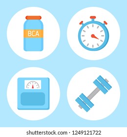 BCAA vitamin and timer set isolated icons. Weight device measuring kilo, dumbbells for muscles growth. Sport equipments for training, exercices vector
