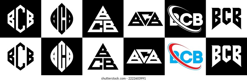 BCB letter logo design in six style. BCB polygon, circle, triangle, hexagon, flat and simple style with black and white color variation letter logo set in one artboard. BCB minimalist and classic logo svg