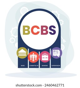 COMITÉ DE SUPERVISIÓN BANCARIA DE BASILEA. Concepto con Palabra clave e iconos. Ilustración vectorial plana. Aislado en blanco.