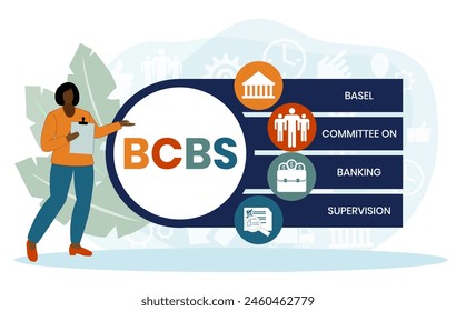 BCBS, BASEL COMMITTEE ON BANKING SUPERVISION. Concept with keyword and icons. Flat vector illustration. Isolated on white.