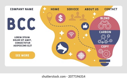BCC - Blind Carbon Copy Akronym. Hintergrund des Unternehmenskonzepts.  Vektorgrafik-Konzept mit Schlagwörtern und Symbolen. Buchstabengrafik mit Symbolen für Webbanner, Flyer, Landung