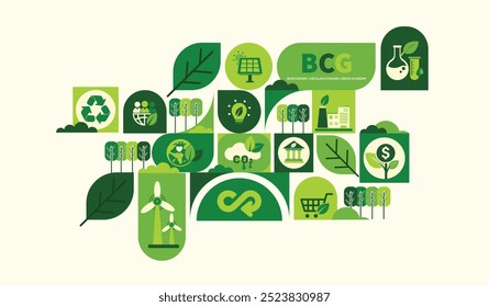 BCG concept for sustainable economy development. Bio economy, circle economy, green economy with icons for web banner. Environment eco friendly. Vector illustrator.