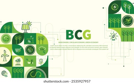 BCG-Konzept für nachhaltige Wirtschaftsentwicklung. Bioökonomie, Kreislaufwirtschaft, grüne Wirtschaft mit Symbolen für Webbanner. Umweltfreundlich. Vektorillustrator.