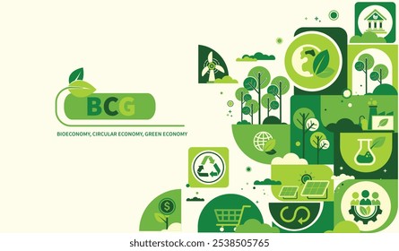 BCG concept for sustainable economy development. Bio economy, circle economy, green economy with icons for web banner. Environment eco friendly. Vector illustrator.