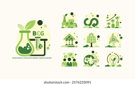 BCG concept for sustainable economy development. Bio economy, circle economy, green economy with icons for web banner. Environment eco friendly. Vector illustrator.