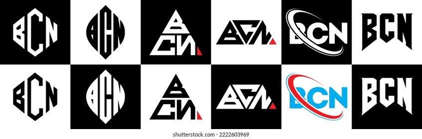 BCN letter logo design in six style. BCN polygon, circle, triangle, hexagon, flat and simple style with black and white color variation letter logo set in one artboard. BCN minimalist and classic logo svg