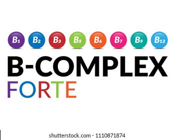 B-COMPLEX FORTE. list of vitamins b. glossy circle with vitamin name.
