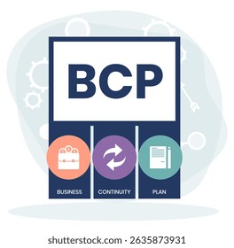 BCP - Business Continuity Plan. Akronym-Geschäftskonzept. Vektorgrafik mit Schlagwörtern und Symbolen. Beschriftungsgrafik mit Symbolen für Webbanner, Flyer, Landing Page