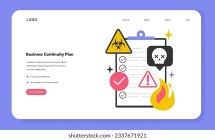 Banner web o página de inicio del plan de continuidad del negocio de BCP. Metodología de prevención y recuperación de posibles amenazas a una empresa. Procesos de seguridad de ataques hackers. Ilustración vectorial plana