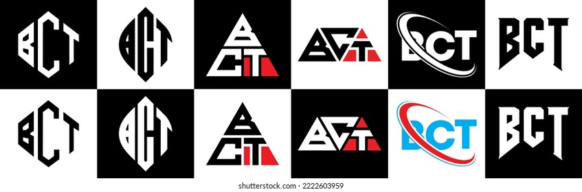 BCT letter logo design in six style. BCT polygon, circle, triangle, hexagon, flat and simple style with black and white color variation letter logo set in one artboard. BCT minimalist and classic logo