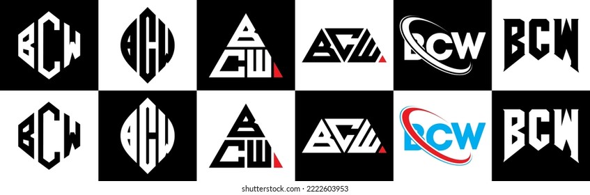 BCW letter logo design in six style. BCW polygon, circle, triangle, hexagon, flat and simple style with black and white color variation letter logo set in one artboard. BCW minimalist and classic logo
