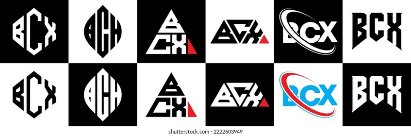 Diseño del logotipo de letras BCX en seis estilos. Polígono BCX, círculo, triángulo, hexágono, estilo plano y sencillo con el logotipo de la letra de variación en color blanco y negro en un tablero. Logo minimalista y clásico de BCX