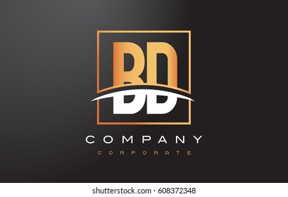 BD B D Golden Letter Logo Design with Swoosh and Rectangle Square Box Vector Design.
