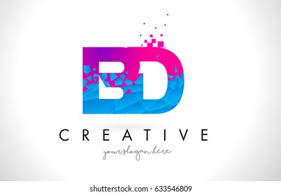 BD B D Letter Logo with Broken Shattered Blue Pink Triangles Texture Design Vector Illustration.