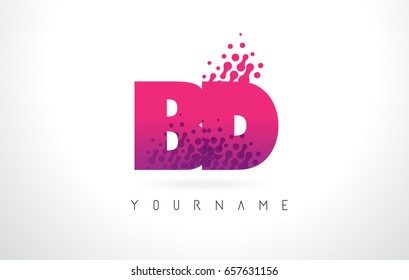 BD B D Letter Logo with Pink Letters and Purple Color Particles Dots Design.