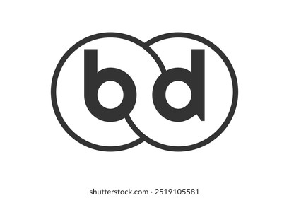 Emblema de la empresa empresarial BD con rondas y letras de contorno b d. Plantilla del logotipo de dos círculos fusionados para la identidad de la marca, el logotipo. Vector Símbolo del infinito y signo de la tecnología.