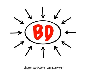 BD - Business Development entails tasks and processes to develop and implement growth opportunities within and between organizations, acronym concept with arrows