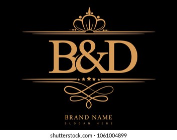B&D Initial logo, Ampersand initial logo gold with crown and classic pattern