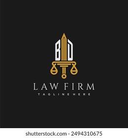 BD monograma inicial para el logotipo del bufete de abogados con espada y escala