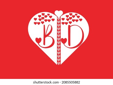 BD letter logo with love icon, valentines day design template