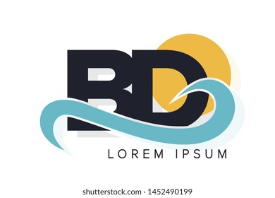 BD letter logo with ocean waves and sunset. Beach concept design