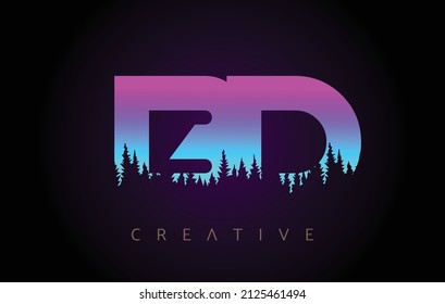 Diseño de logotipo de BD Letters con colores azul púrpura e icono de vectores de pinares forestales. Logotipo de Árboles BD con Idea de colores vivos de gradiente.