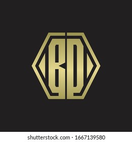 Monograma del logotipo BD con plantilla de diseño redondeado de línea hexagonal con colores dorados