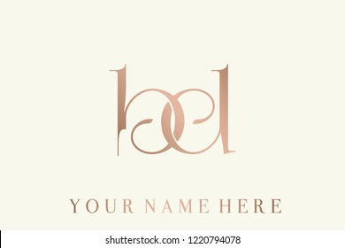 b&d monogram logo.Typographic icon with letter b and letter d intertwined.Rose gold color lettering isolated on light background.