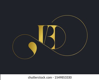 BD monogram logo.Typographic icon with metallic gold letter b and letter d.Uppercase lettering sign with decorative swirl.Alphabet initials isolated on dark fund.Modern,luxury,beauty,boutique style.