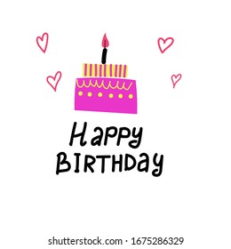 B-day cake with candle. Celebration  card. Vector illustration