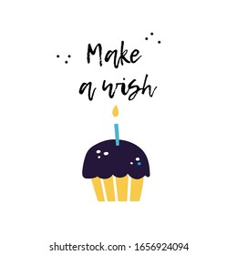 Bday cake with candle and make a wish phrase illustration on white background