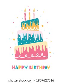 Bday Cake With Candles In Three Tiers. Holiday Vertical Greeting Card Happy Birthday. Festive Elements On A White Background With Greeting Text. Hand Drawn Vector Illustration In Scandinavian Style