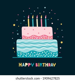 Bday cake with candles in two tiers. Holiday greeting card happy birthday. Festive elements on a black background with greeting text. Hand drawn vector illustration in Scandinavian style