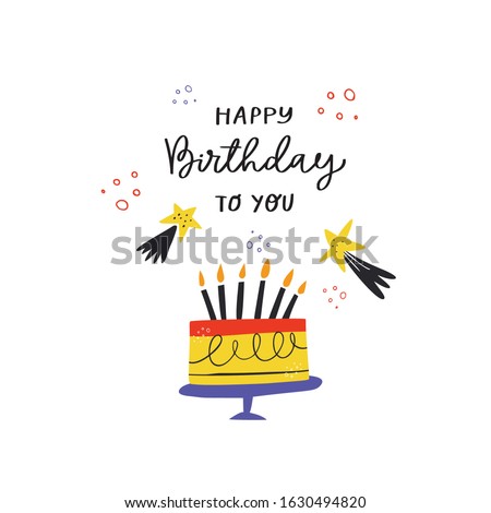 Bday cake and handwritten congratulation phrase illustration