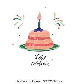 Bday cake and lets celebrate phrase illustration	