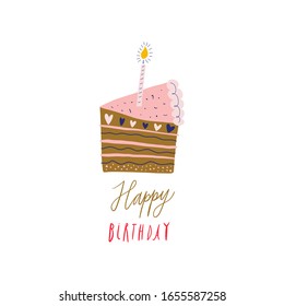 Bday Cake And Lettering Greeting Phrase Illustration. Design In Scandinavian Nursery Style. Perfect For Baby Shower Party. Vector EPS Clip Art