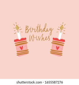 Bday Cake And Lettering Greeting Phrase Illustration. Design In Scandinavian Nursery Style. Perfect For Baby Shower Party. Vector EPS Clip Art