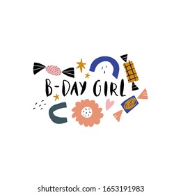 Bday celebrate phrase illustration. Boho Birthday Girl Anniversary party concept. Vector clipart design