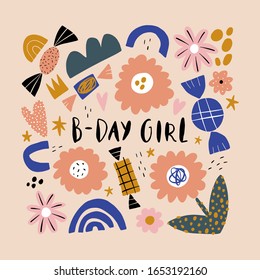 Bday celebrate phrase illustration. Boho Birthday Girl Anniversary party concept. Vector clipart design