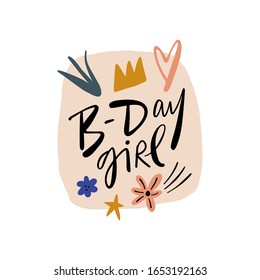 Bday celebrate phrase illustration. Boho Birthday Girl Anniversary party concept. Vector clipart design