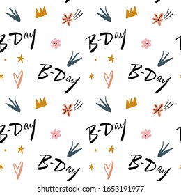 Bday celebrate seamless pattern illustration. Boho Birthday Girl Anniversary party concept. Vector clipart design