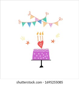 Bday celebration flat vector greeting card design. Hand drawn vector concept for  flyer, bakery design. Little flags illustration